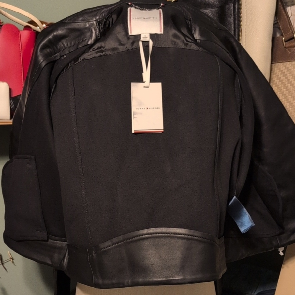 Nwt Tommy Hilfiger Black Leather Biker Jacket India Dress Club 46 US 14 - Picture 8 of 16